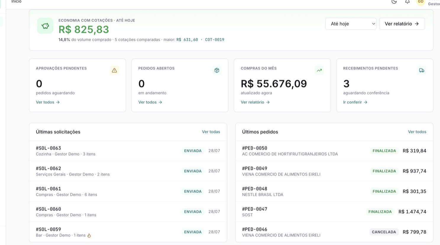 Painel inicial do Kotari com as últimas solicitações abertas por cozinha, bar e serviços gerais