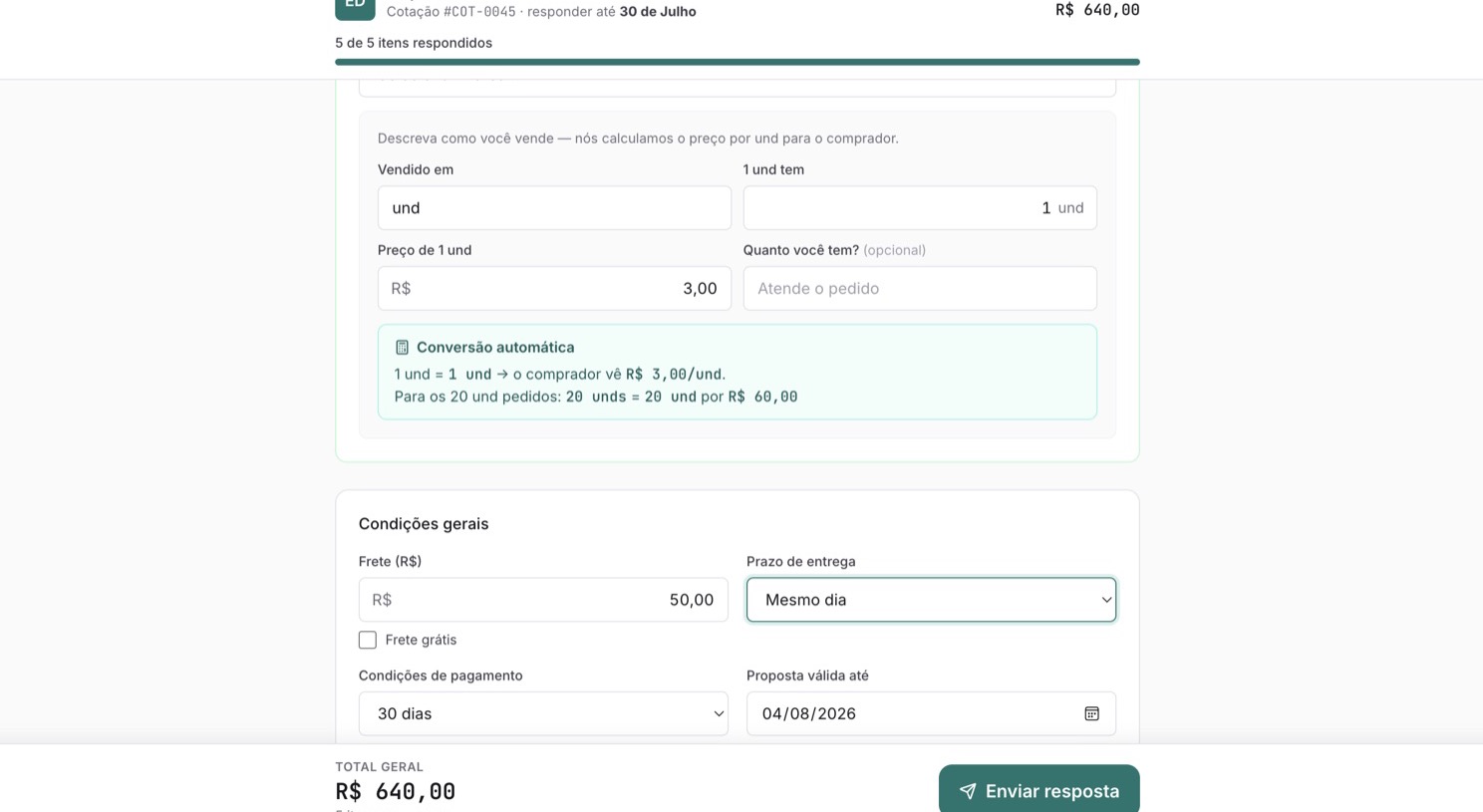 Formulário público do fornecedor, com preço, conversão automática de embalagem e condições de entrega