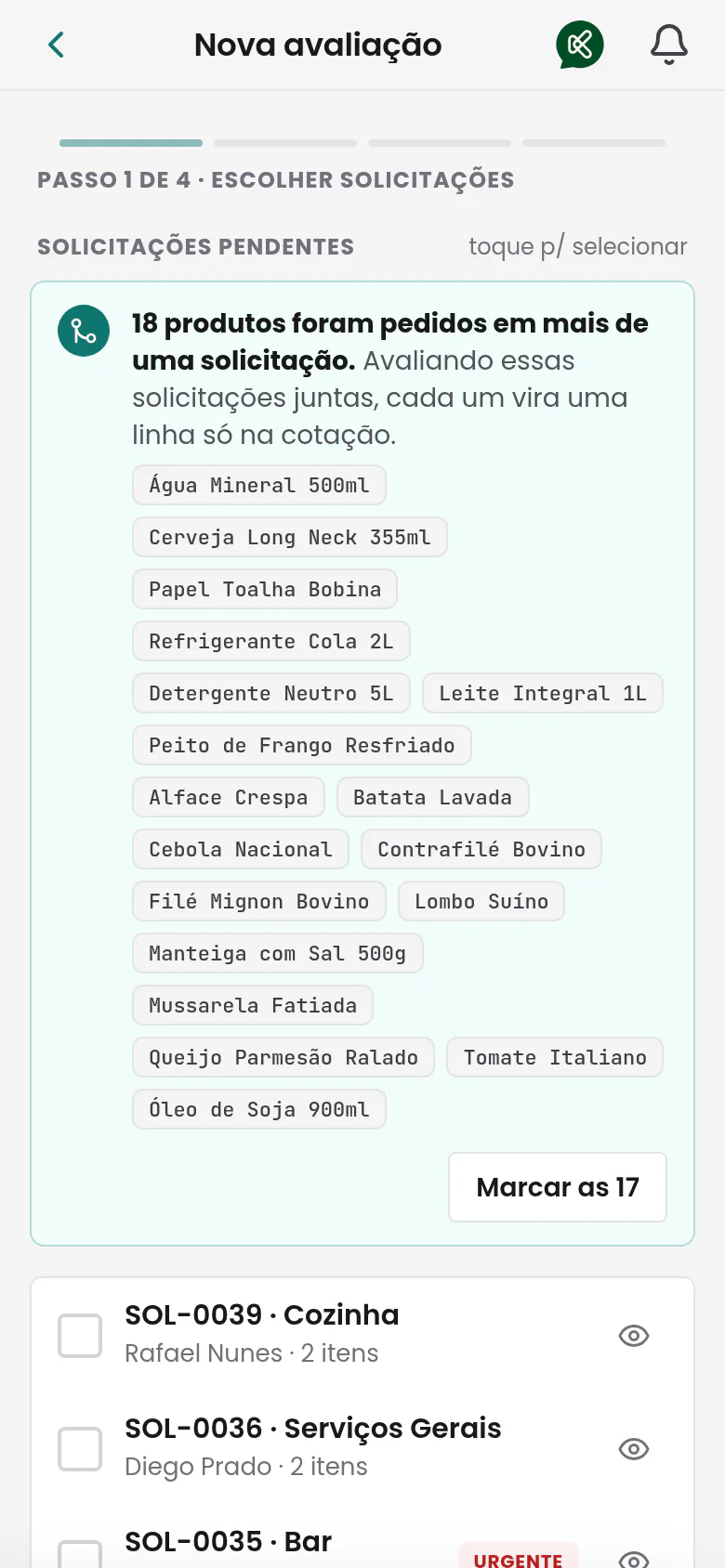 Nova avaliação no celular: dezoito produtos pedidos em mais de uma solicitação viram uma linha só na cotação