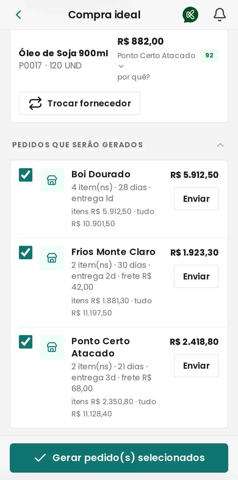 Compra ideal no celular: os pedidos que serão gerados, um por fornecedor com o total de cada um, e o botão para gerar todos de uma vez