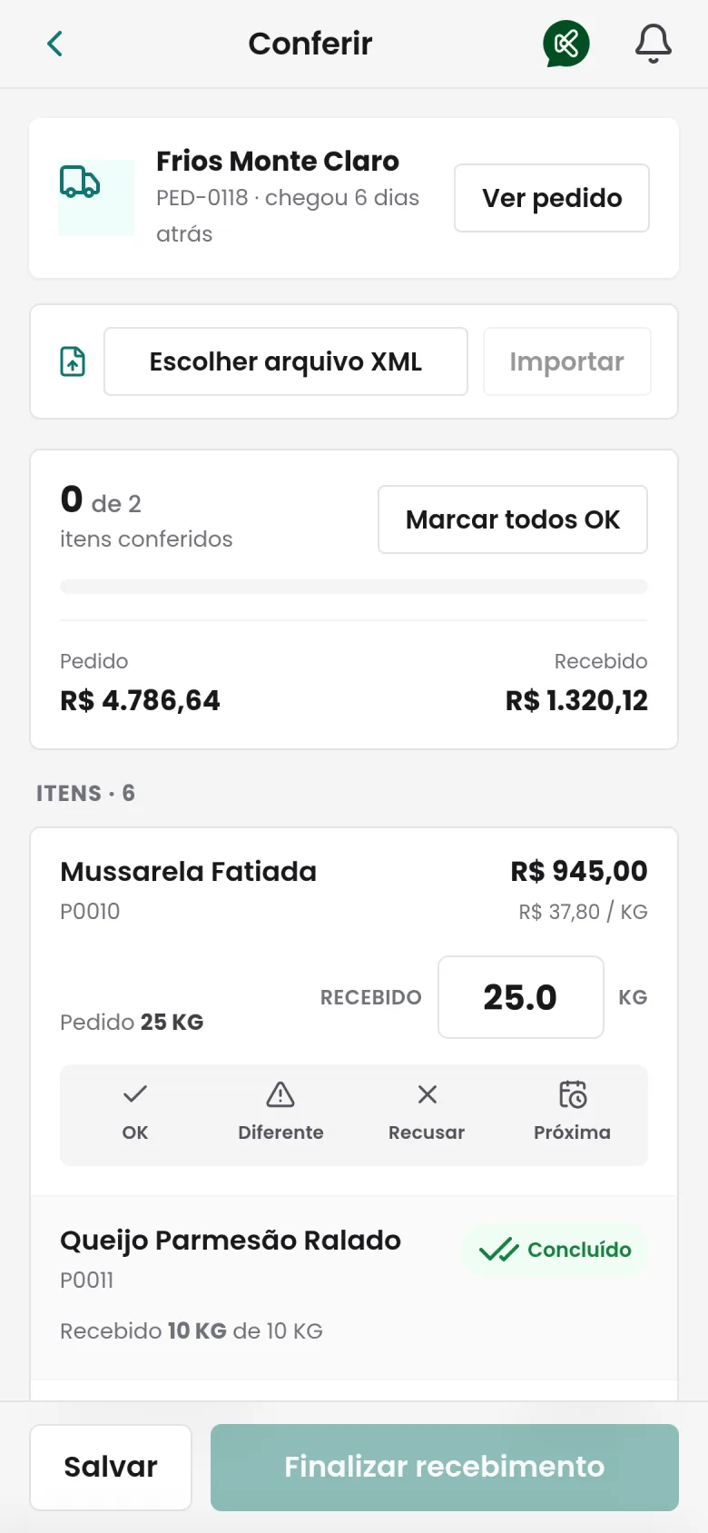 Conferência do recebimento no celular: quantidade pedida, quantidade recebida e o total da nota
