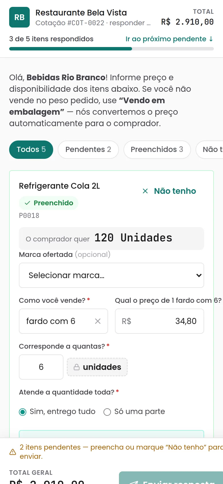 Formulário do fornecedor no celular: preço por fardo, quantas unidades correspondem e se atende a quantidade toda
