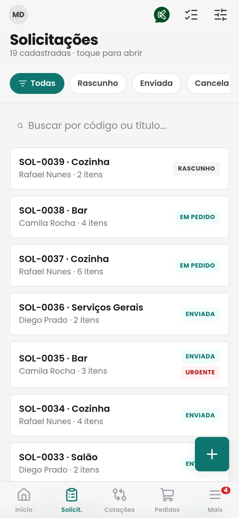 Lista de solicitações no celular: pedidos da cozinha, do bar e dos serviços gerais, com status e urgência